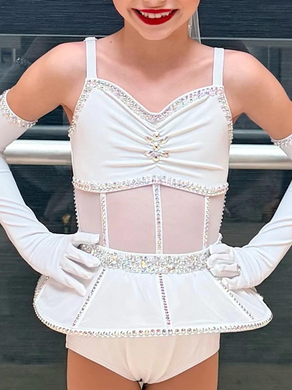 Gorgeous white dance costume with custom stoning!! Great for a bride theme!